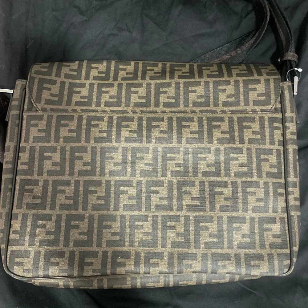 Fendi Mens Flap Messenger Bag Zucca Coated Canvas Medium